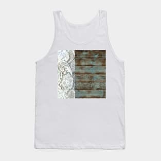 Western Country distressed blue Barn Wood white Lace Tank Top